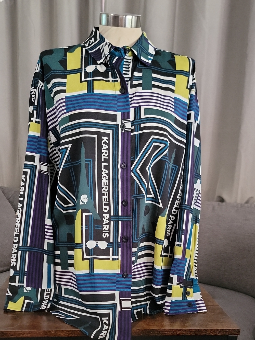 Karl Lagerfeld Geometric Print Button-Up Blouse in Teal, Yellow, Blue, Black